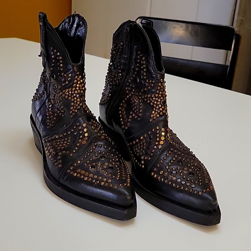 Brass and black gem embellished Ellen Iachi ankle boots.